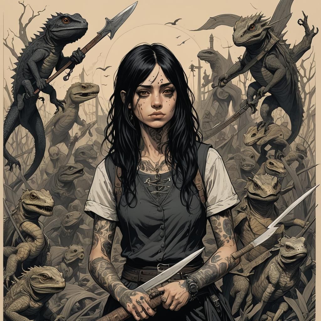 Gothic Cartoon with Tattooed Girl and Reptiles