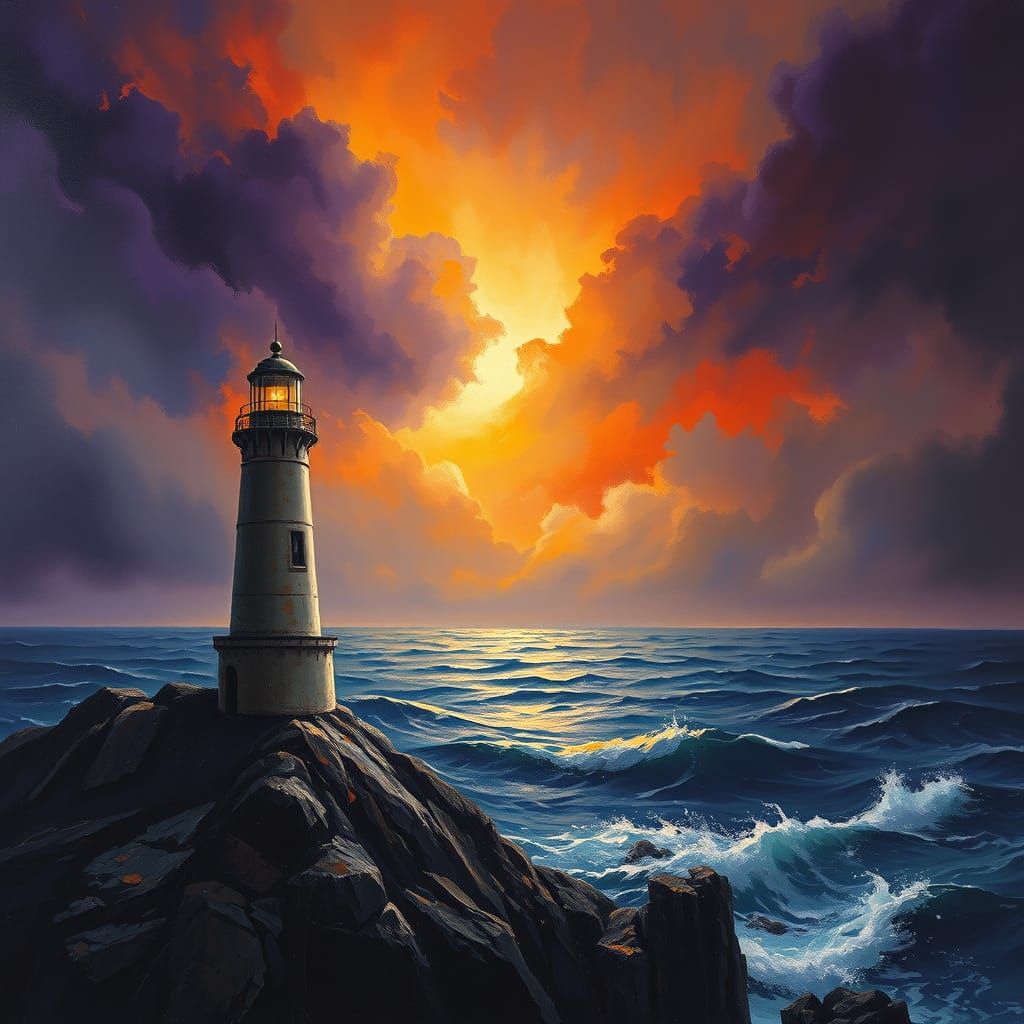 Dramatic Oil Painting of Lighthouse on Jagged Cliff