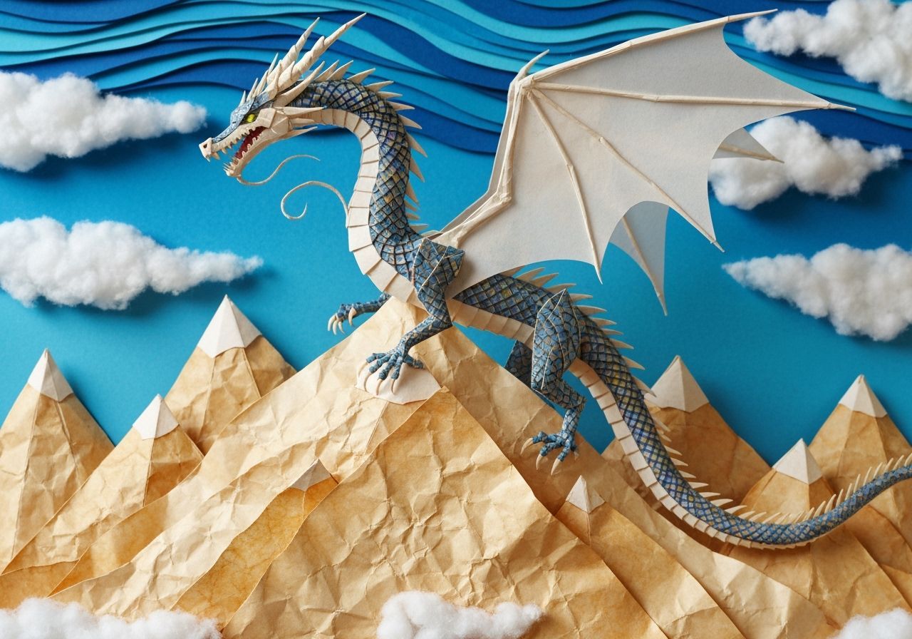 Intricate Paper Dragon Sculpture on Parchment Mountains