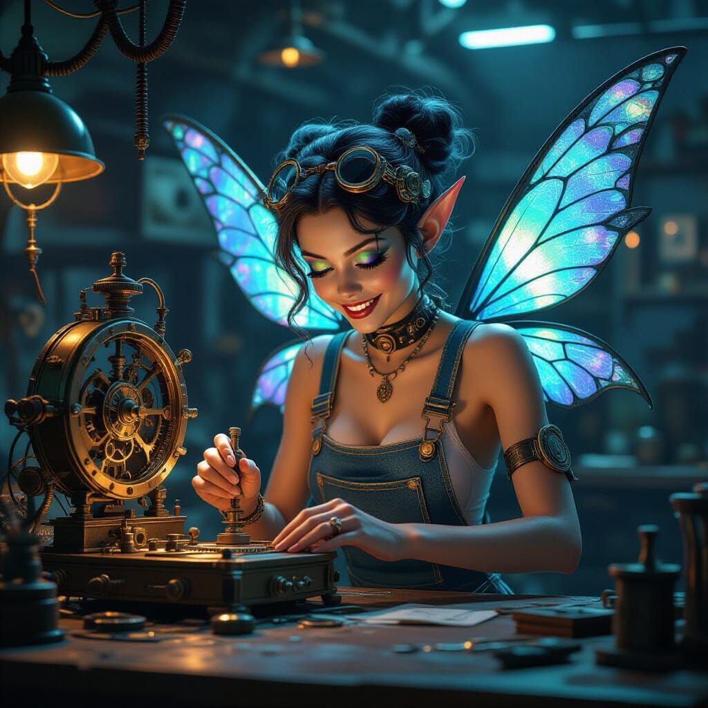 Mischievous Fairy Tinkerer in Steampunk Workshop