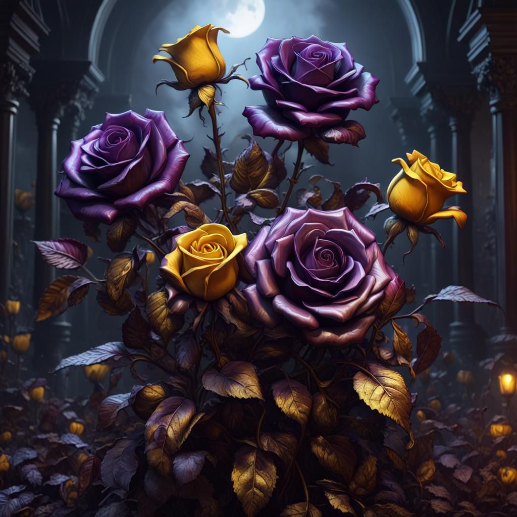 Gothic Metal Roses in Moonlight, Dark Fantasy Art