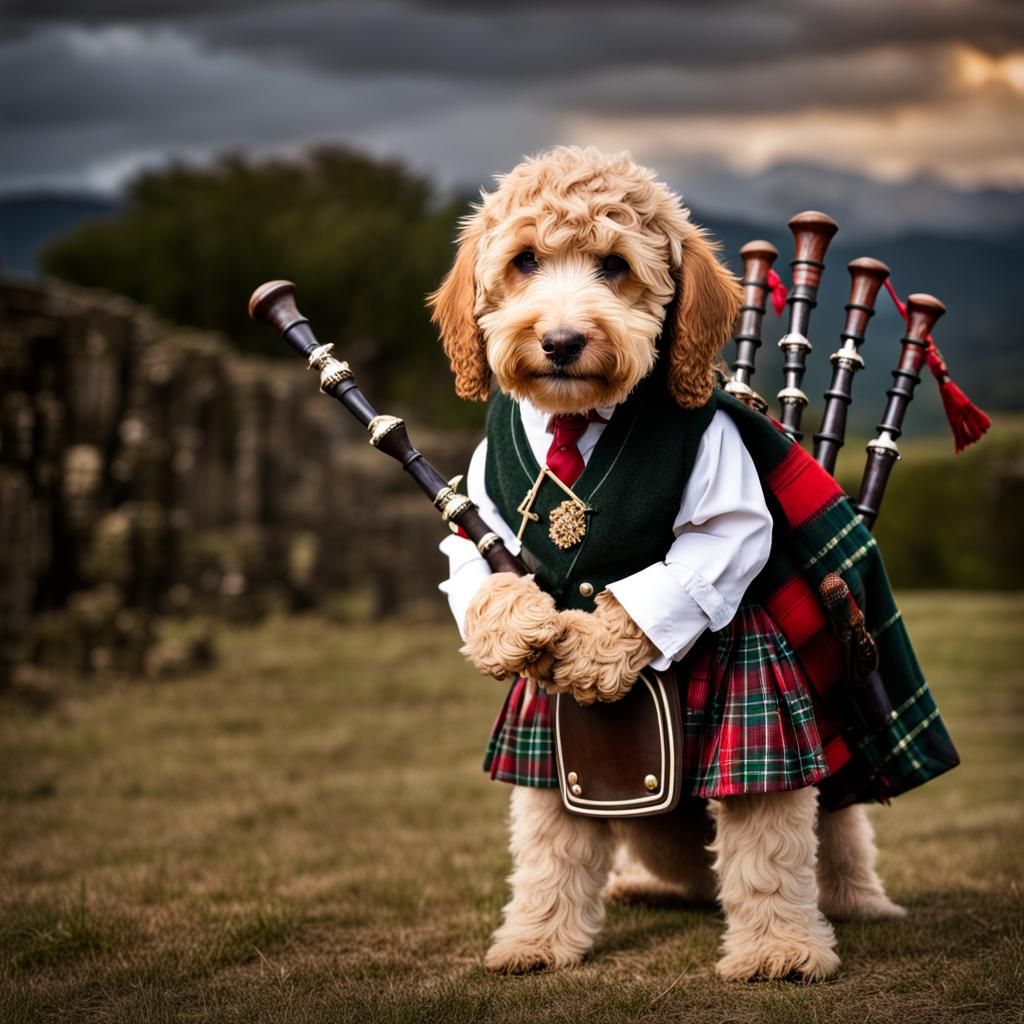 Labradoodle Puppy Plays Bagpipes in a Kilt