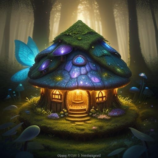 Enchanted Mushroom Village in a Glowing Bioluminescent Fores...