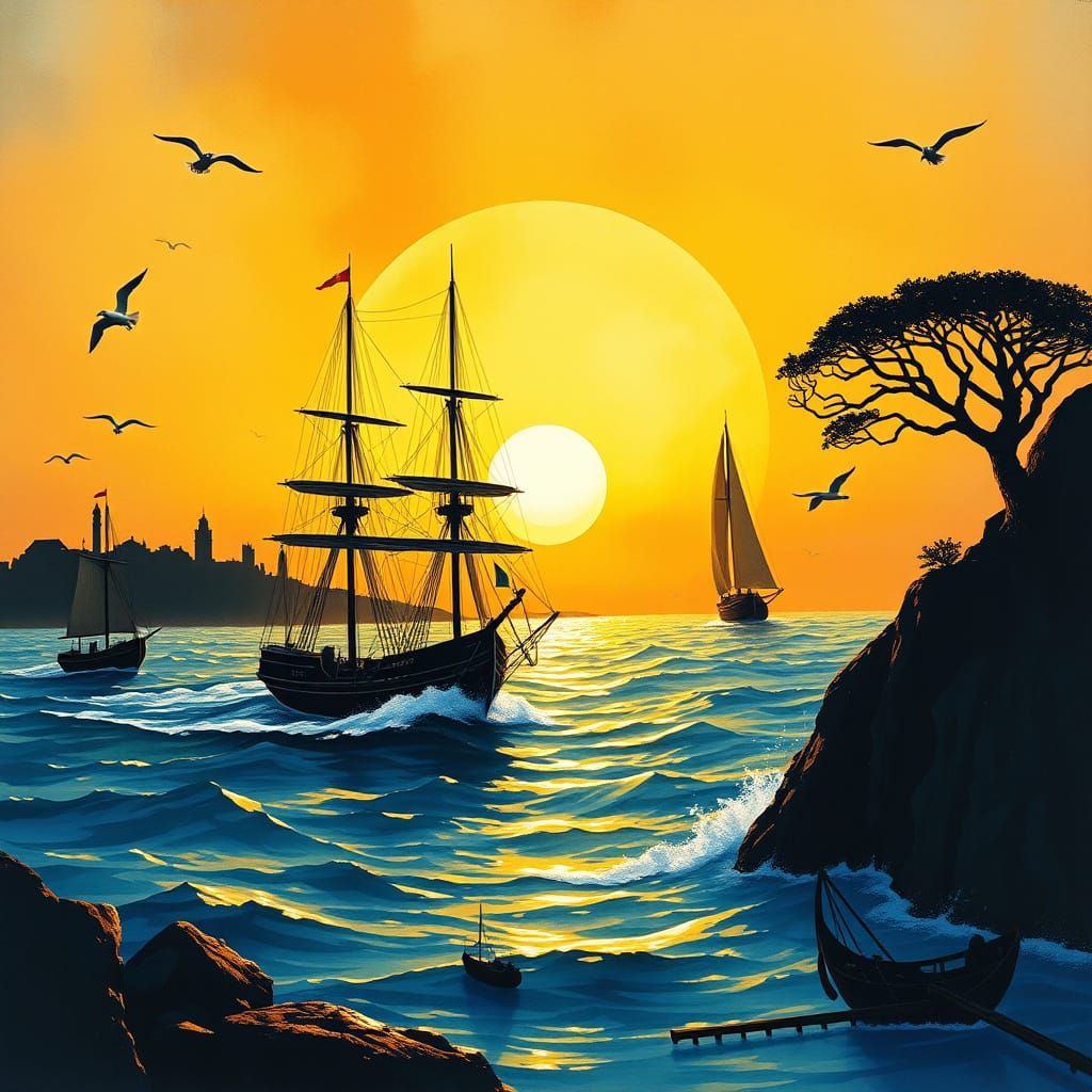 Epic Maritime Sunset Scene in Vibrant Expressionist Style