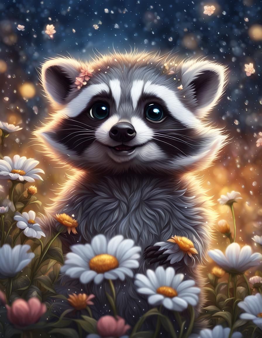 Cute Fluffy Raccoon in Flower Rain