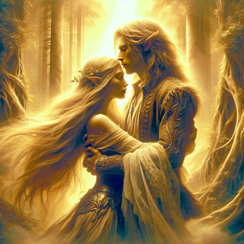 Elves Embrace in Golden Enchanted Forest