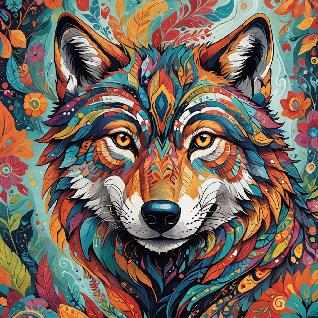 Vibrant Folk Art Wolf Portrait with Landscape