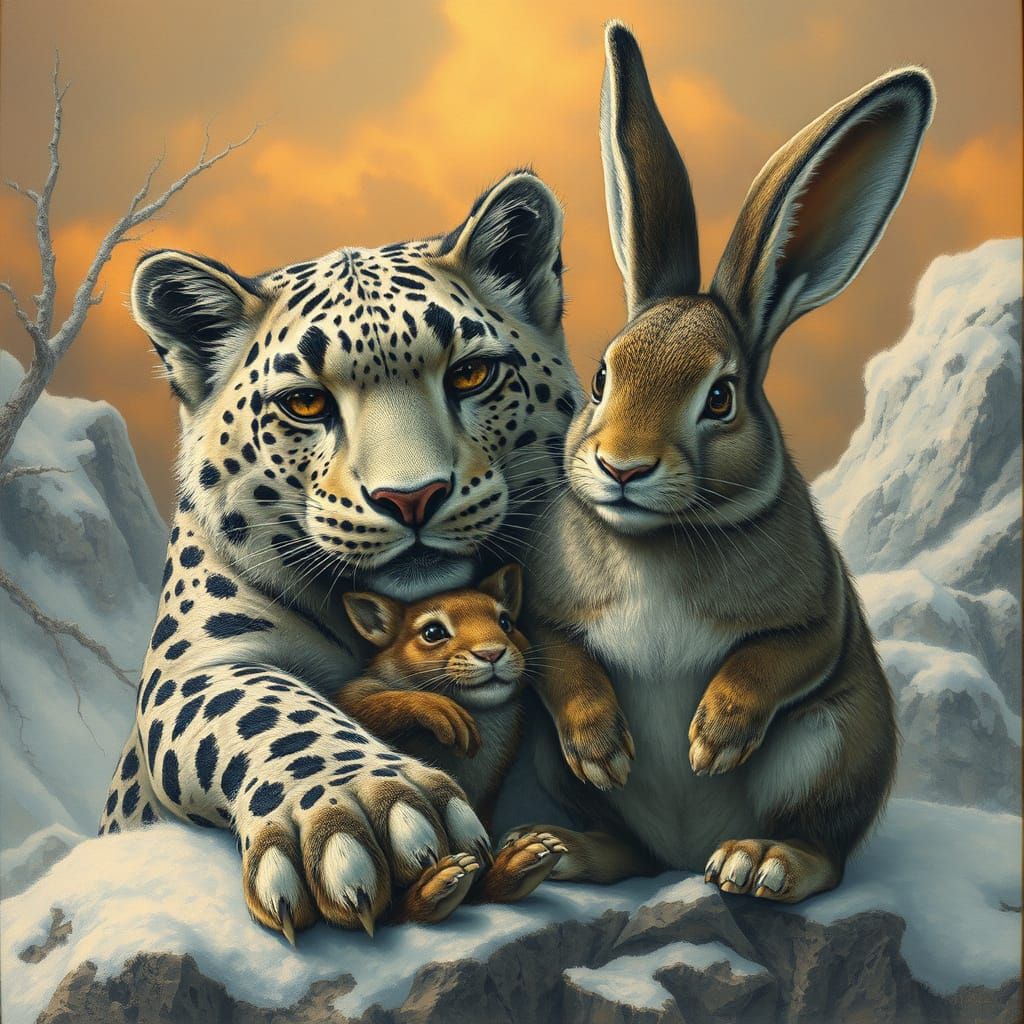 Snow Leopard and Rabbit Friends in Surreal Landscape
