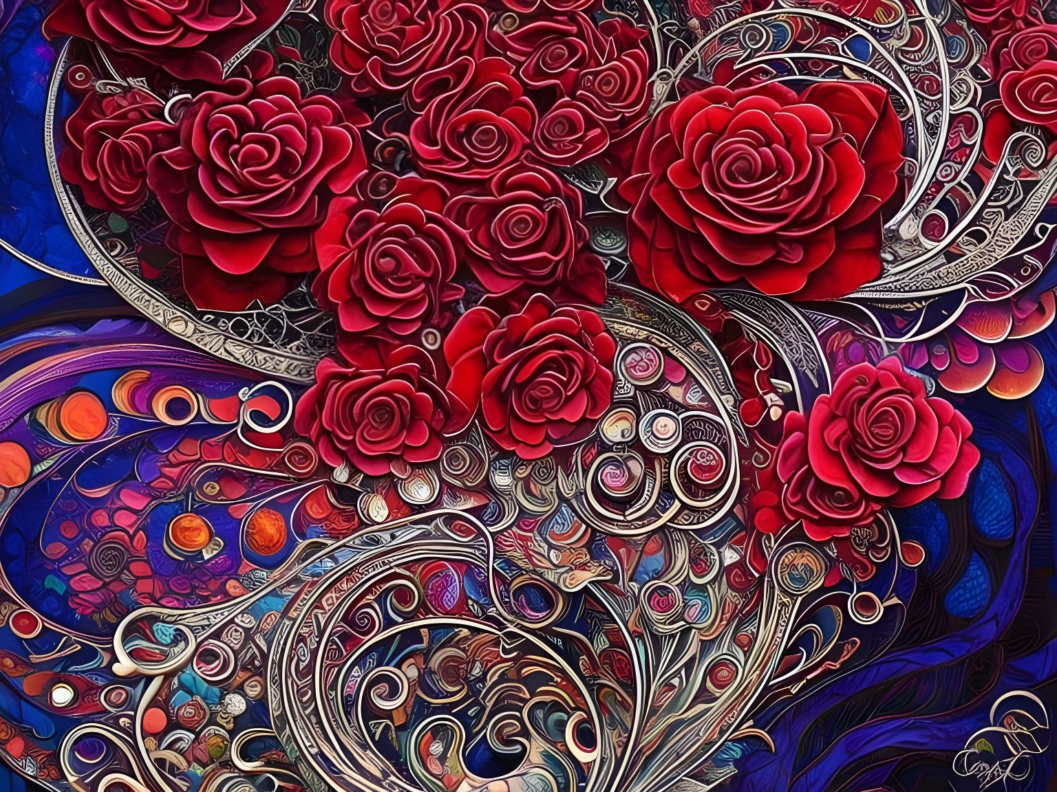 Magical Rose Liquid Flowing in Stained Glass Style