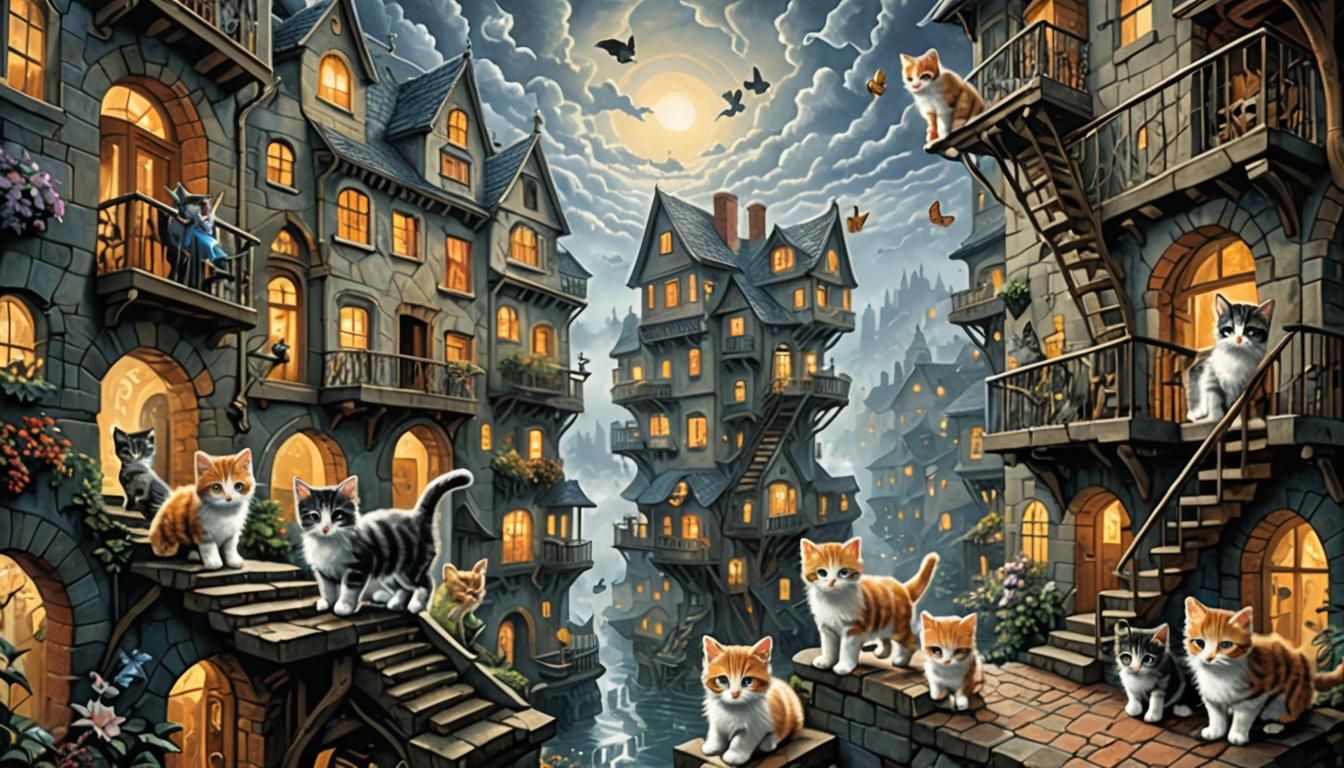 Kittens Explore an MC Escher World in Luminist Style