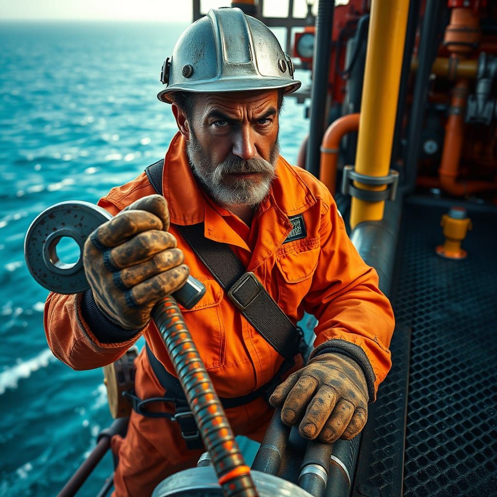 Gloved Hands Grip a Massive Wrench on an Oil Rig