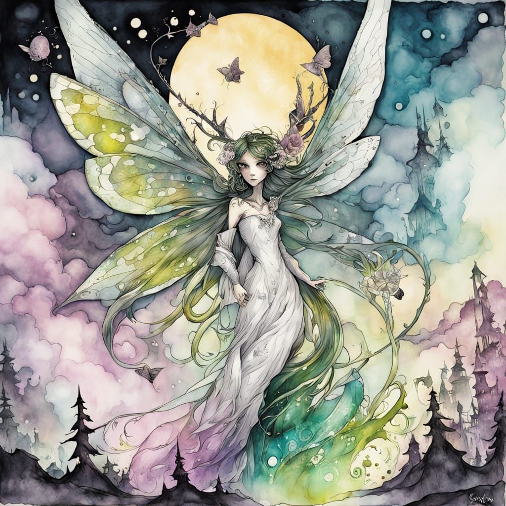 Whimsical Fae Creature in Dreamlike Alcohol Ink Art