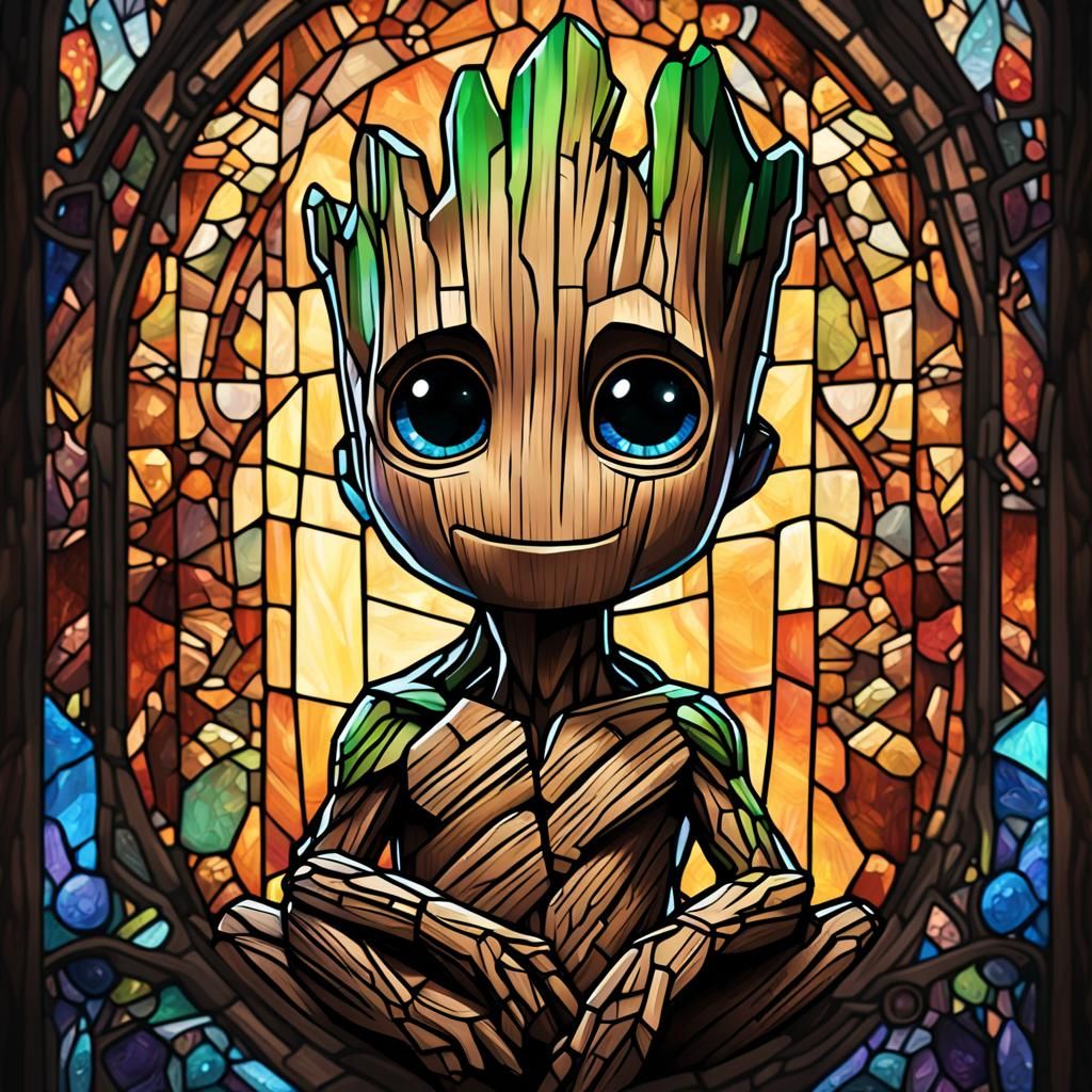 Stained Glass Baby Groot in Dark Woods
