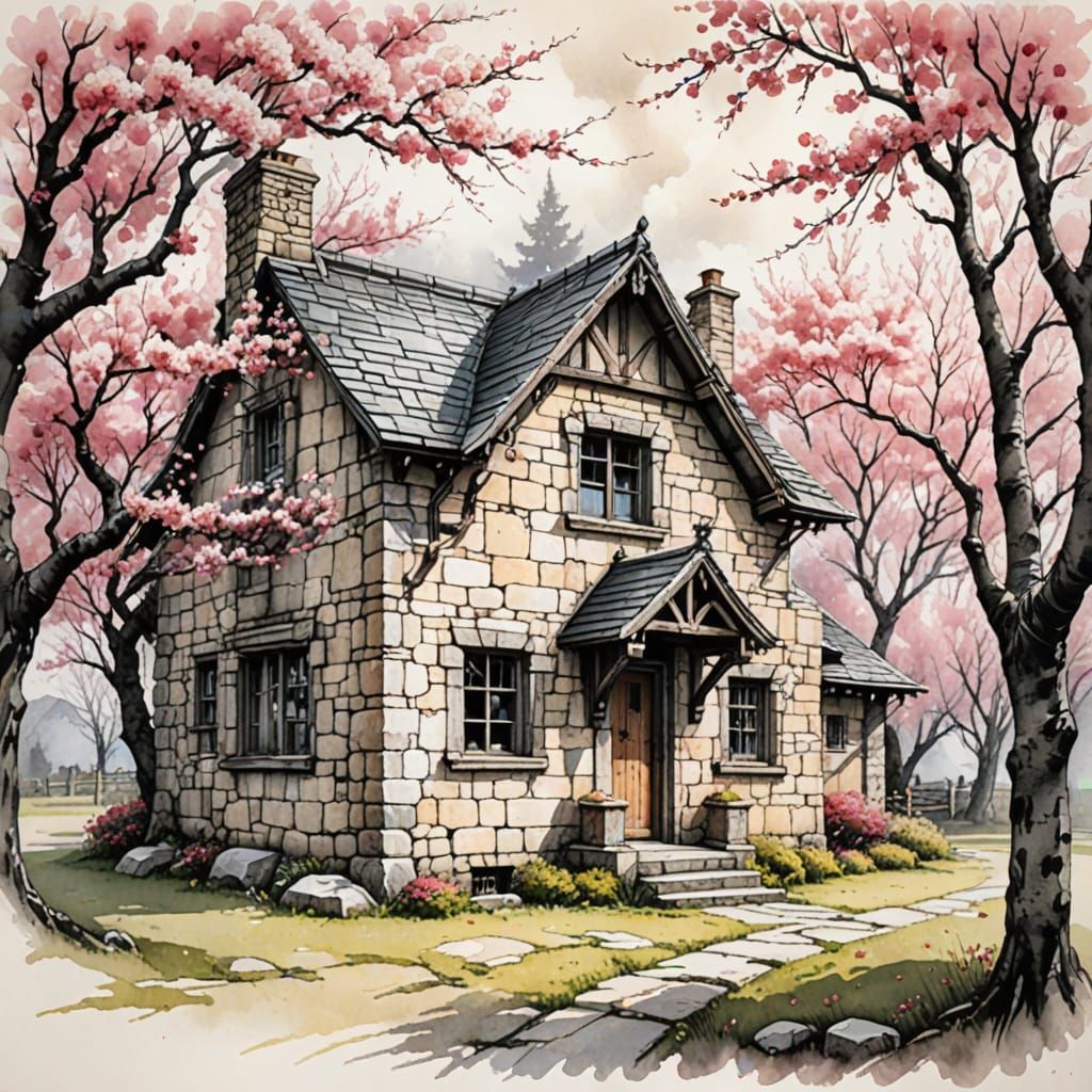 Rustic Cottage Amidst Cherry Blossom Blooms in Impressive Da...