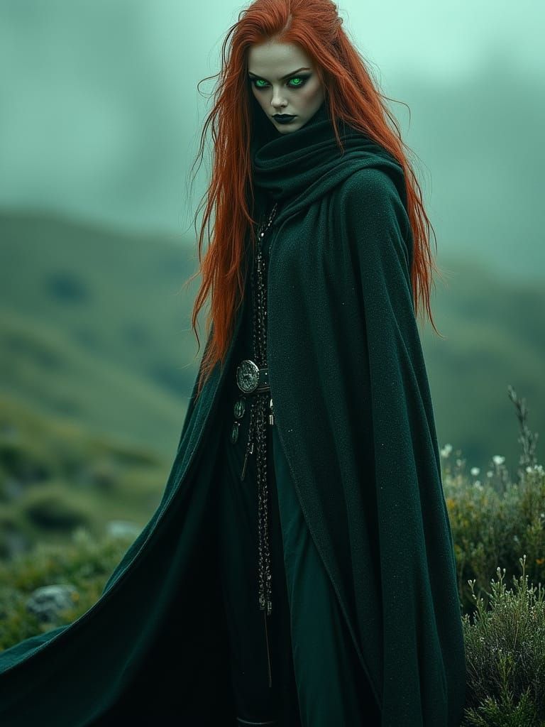 Emerald-Eyed Witch on Desolate Moorland