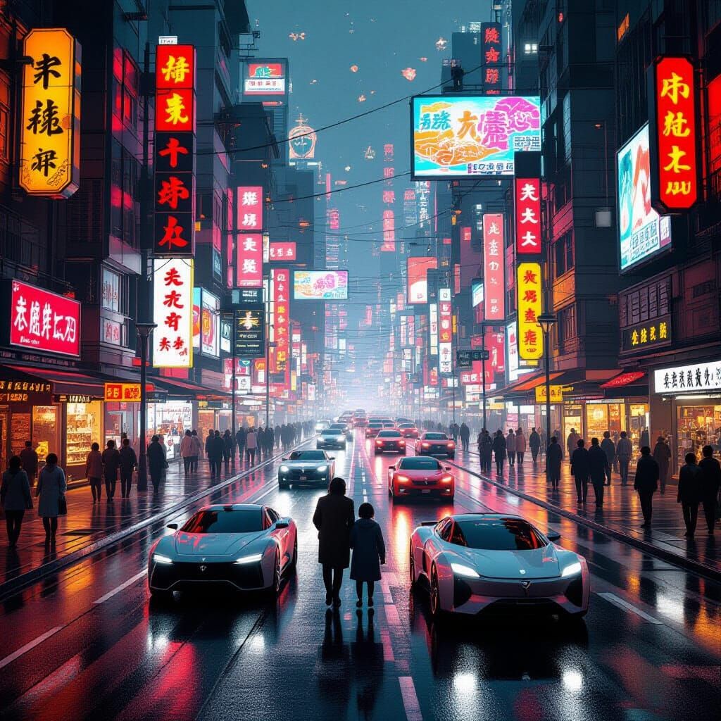 Family Reunion in Futuristic Neon City