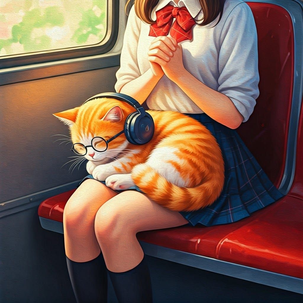 Girl and Cat on Bus as Oil Painting