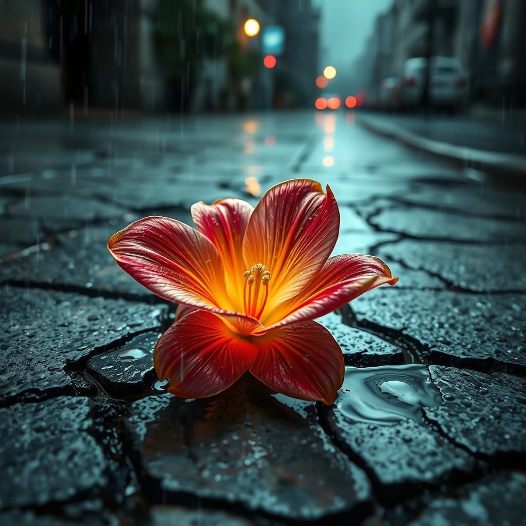 Surreal, Hyper-Realistic Bloom Thrives in Stormy Urban Lands...