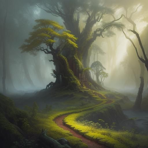 Mystic Forest Tree in Dreamlike Fantasy Art