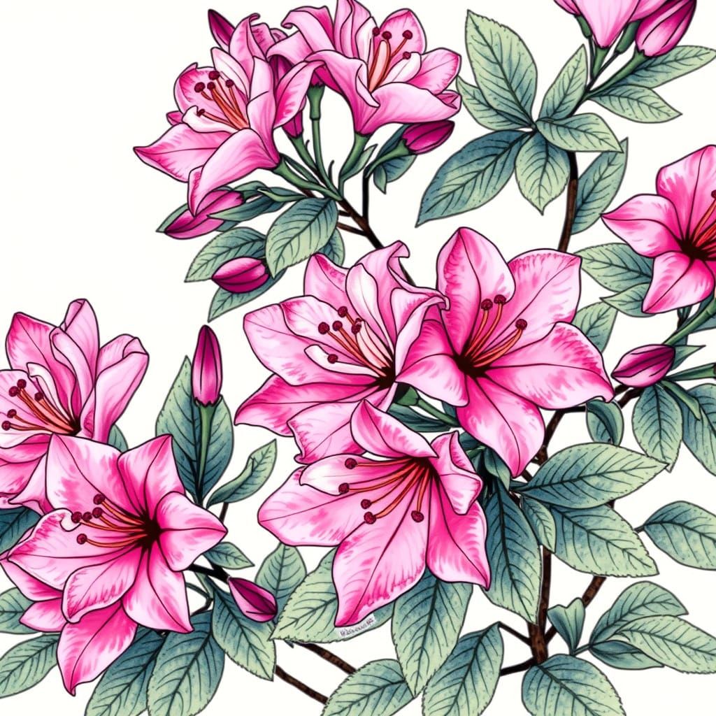 Whimsical Azalea Blooms in Dreamy Hand-Drawn Style