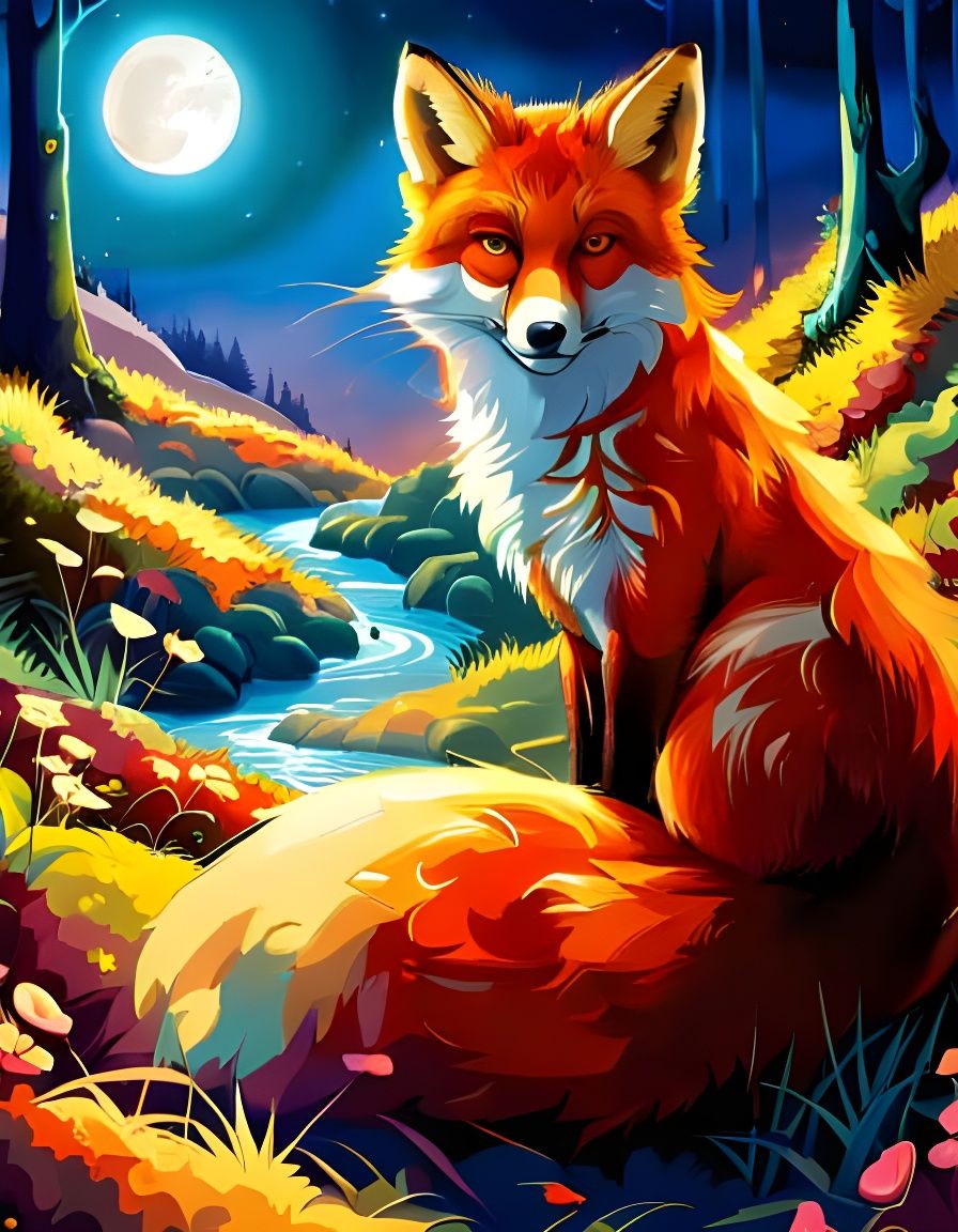 Psychedelic Cartoon Fox Portrait in Lush Forest