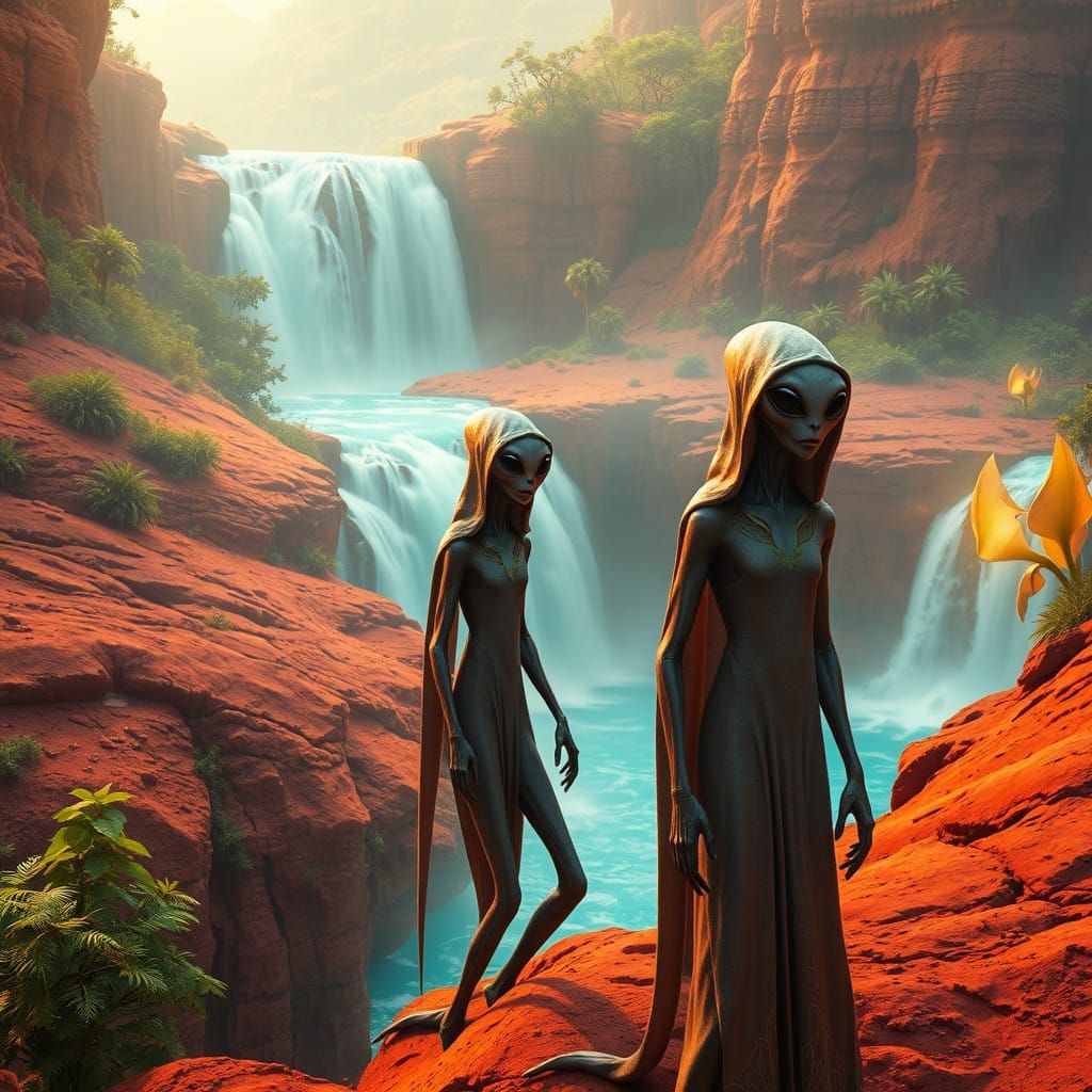 Grey Aliens in a Vibrant, Turquoise World of Wonders