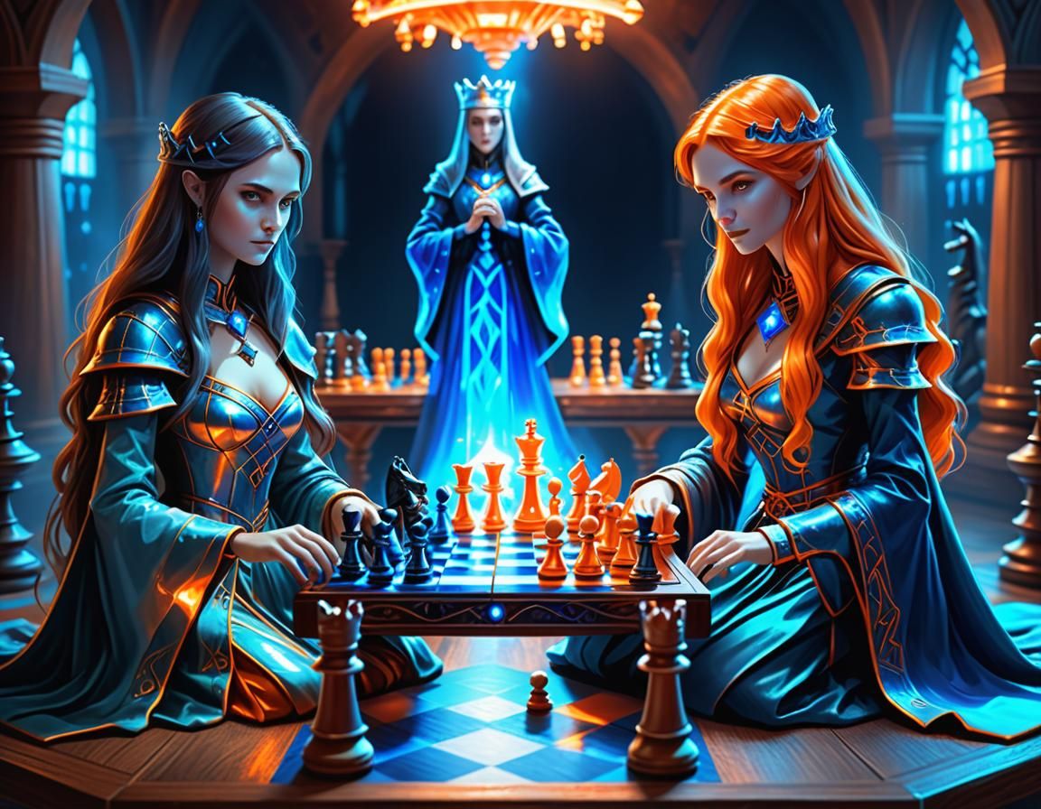 Sorceresses Play Holographic Chess in Fantasy Game