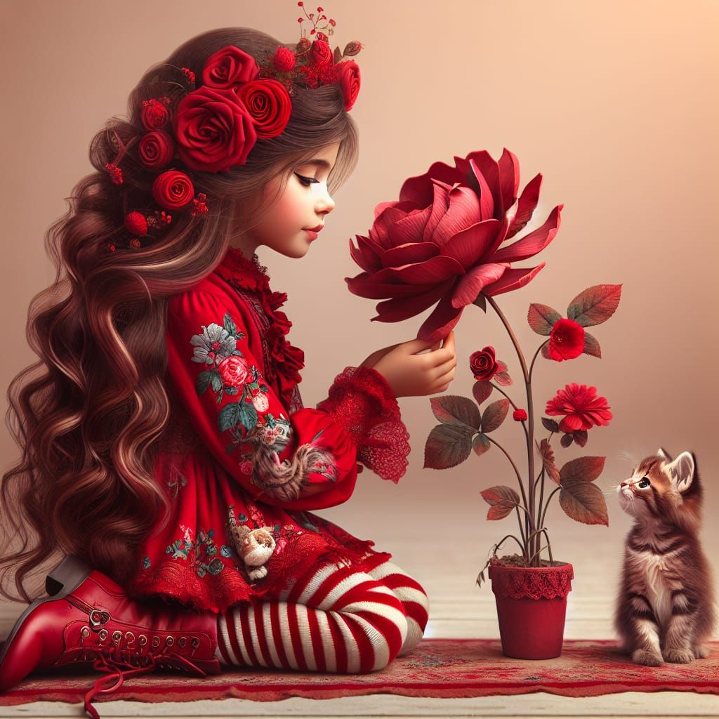 A young girl with long, flowing hair adorned with red roses ...