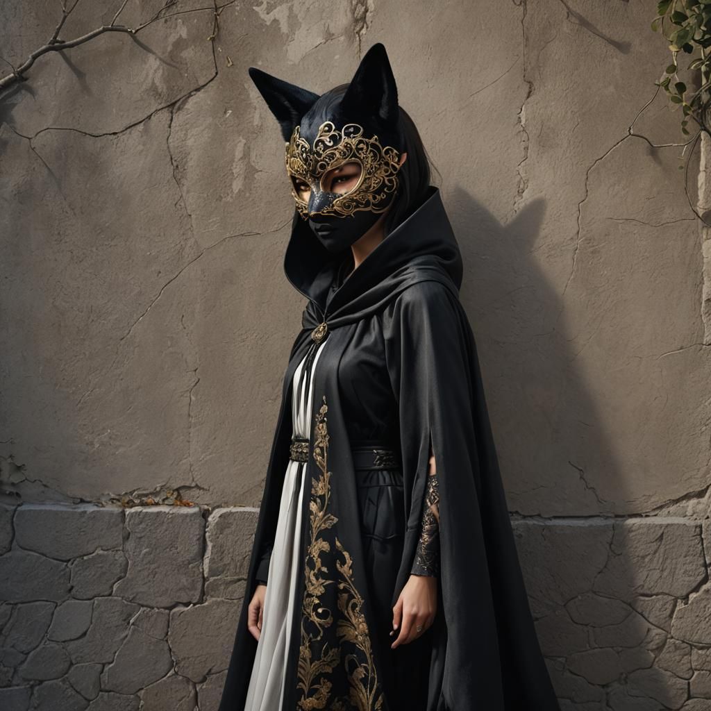 Woman in Fox Mask Against Wall, Detailed Matte Painting