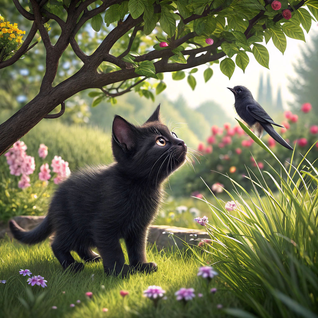 Black Kitten Hunting Bird: Hyperrealistic Digital Art