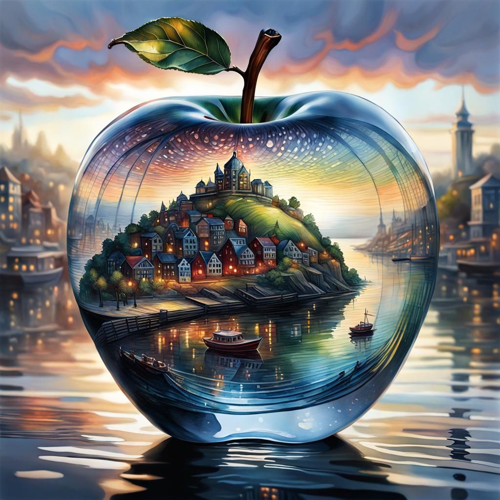 Glass Apple Coastal City Watercolor Painting
