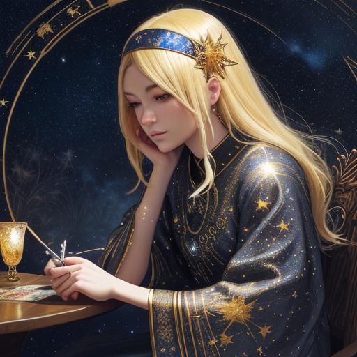 Blonde Woman with Phoenix Tarot Cards in Anime Style