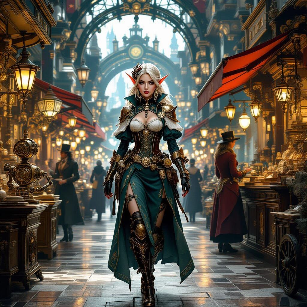 Elegant Elf in Steampunk Market, Fantasy Oil Painting