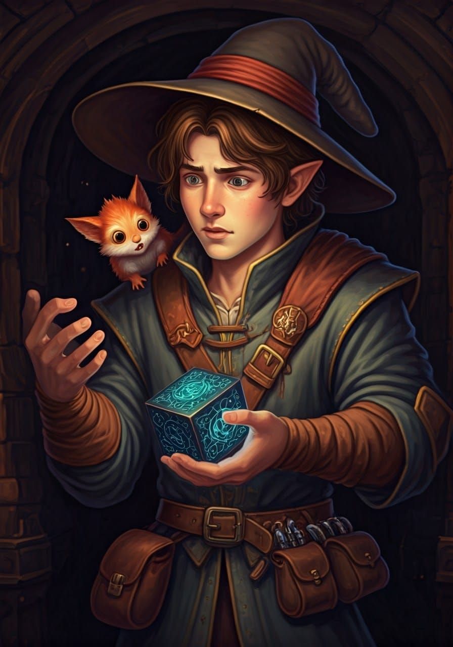 Young Mage Faces Dark Magic Cube in Intense Concentration