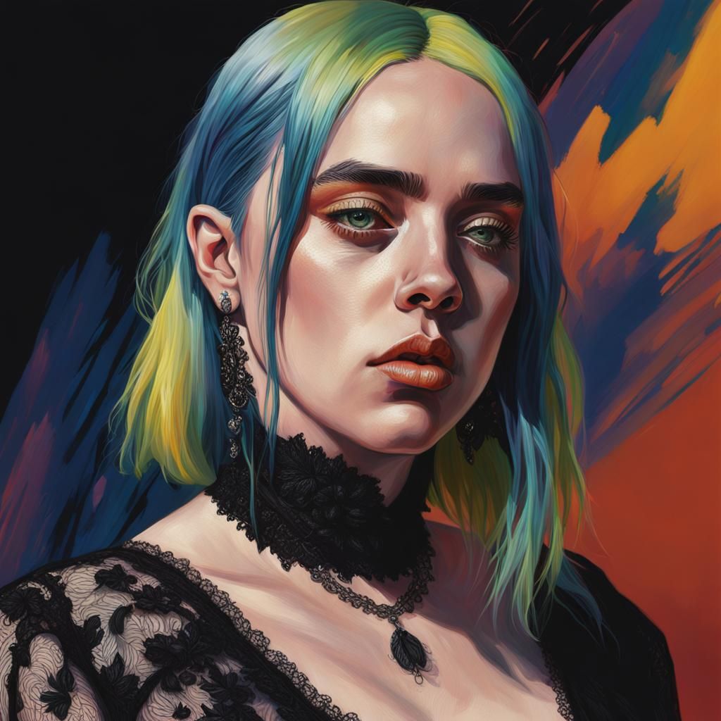 Billie Eilish wearing a black lace dress