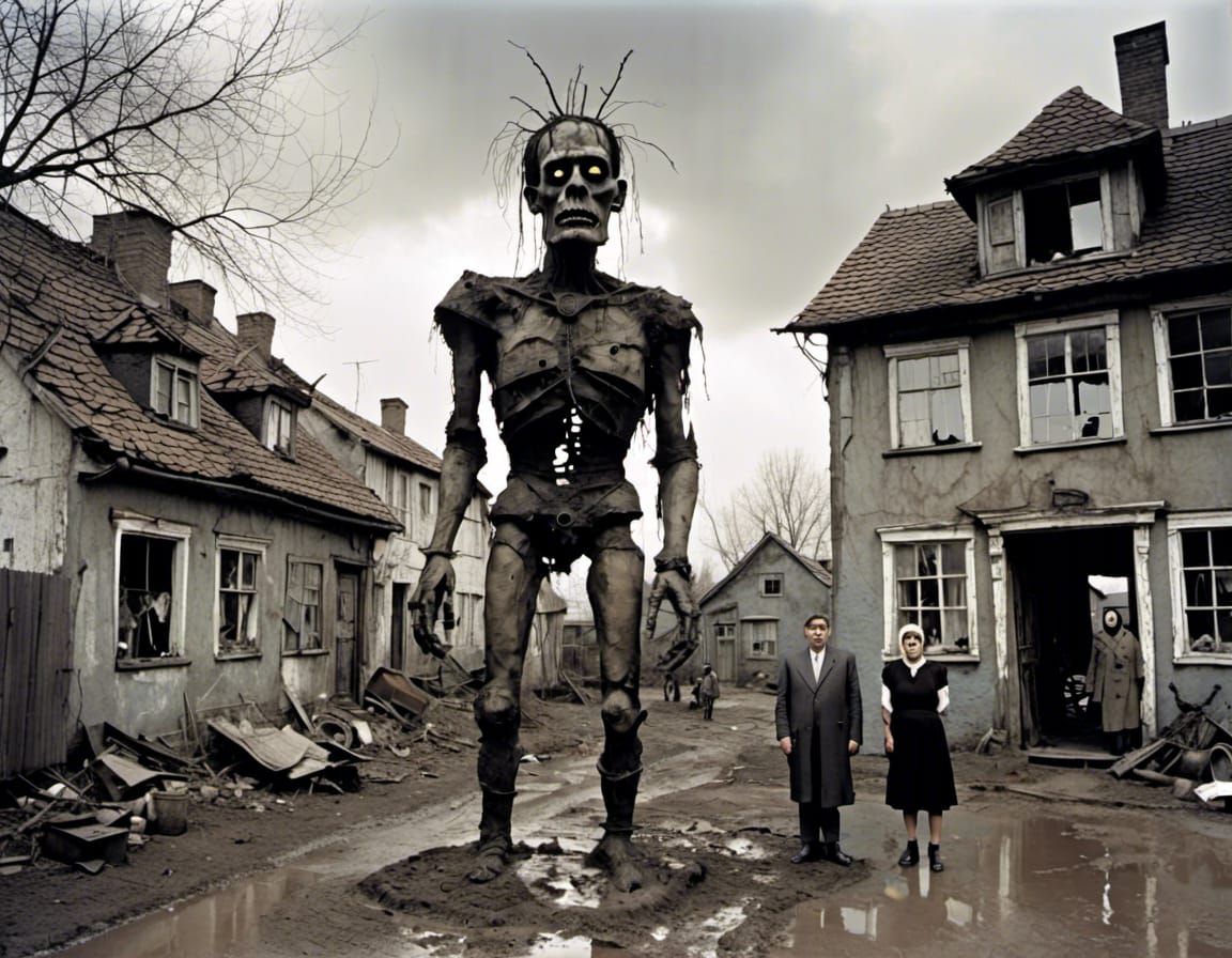 skinny golem in a muddy village