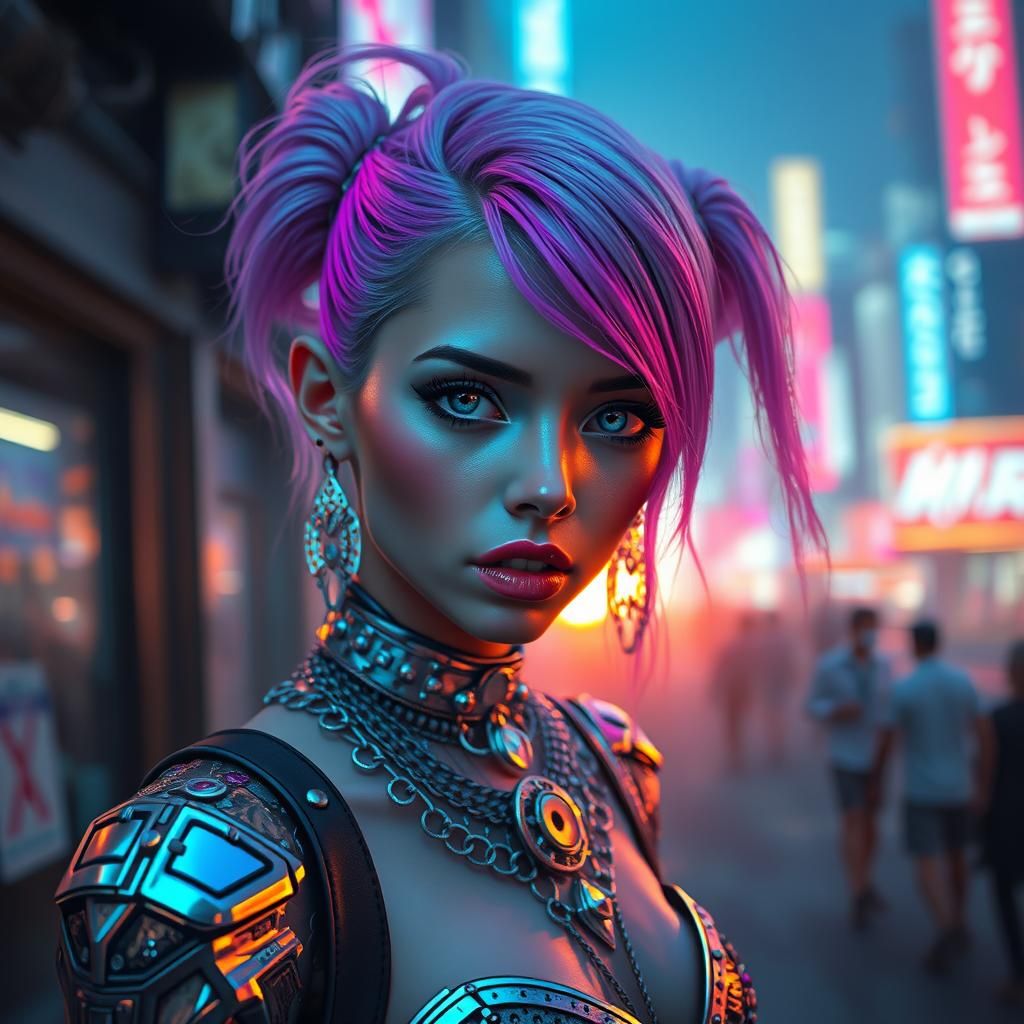 Otherworldly Street Girl in Dystopian Cyberpunk Cityscape