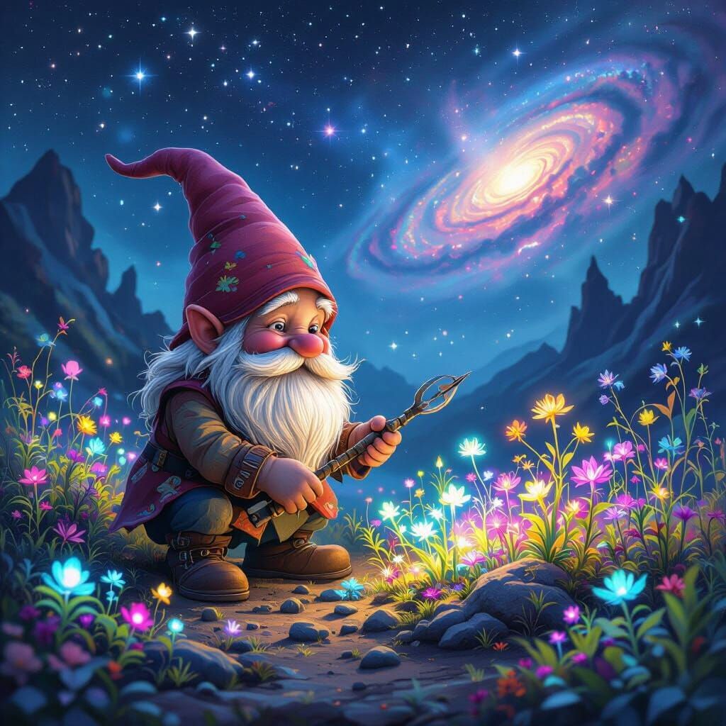 Whimsical Gnome Tends Alien Bioluminescent Garden