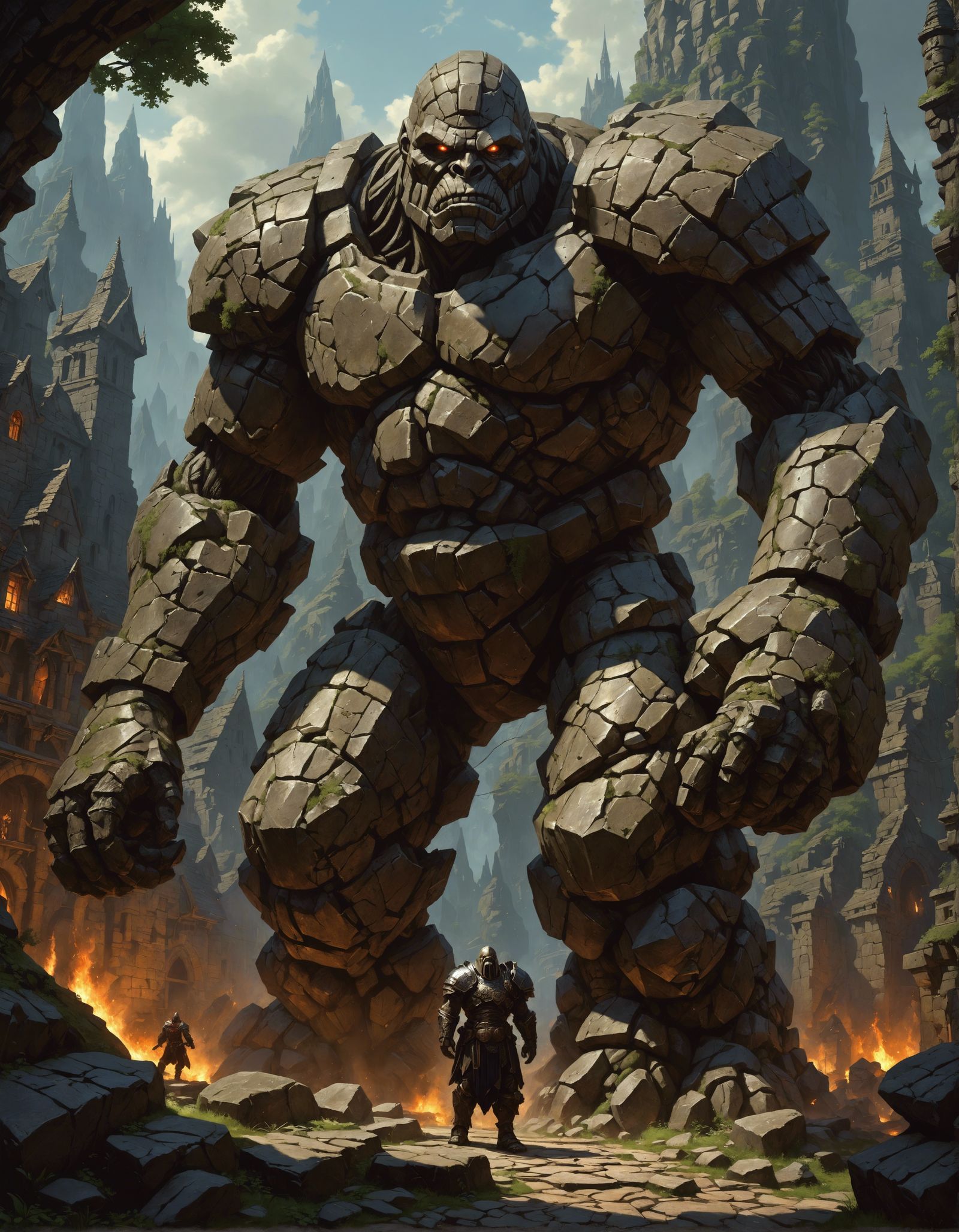 Stone Golem in Dark Fantasy Oil Painting