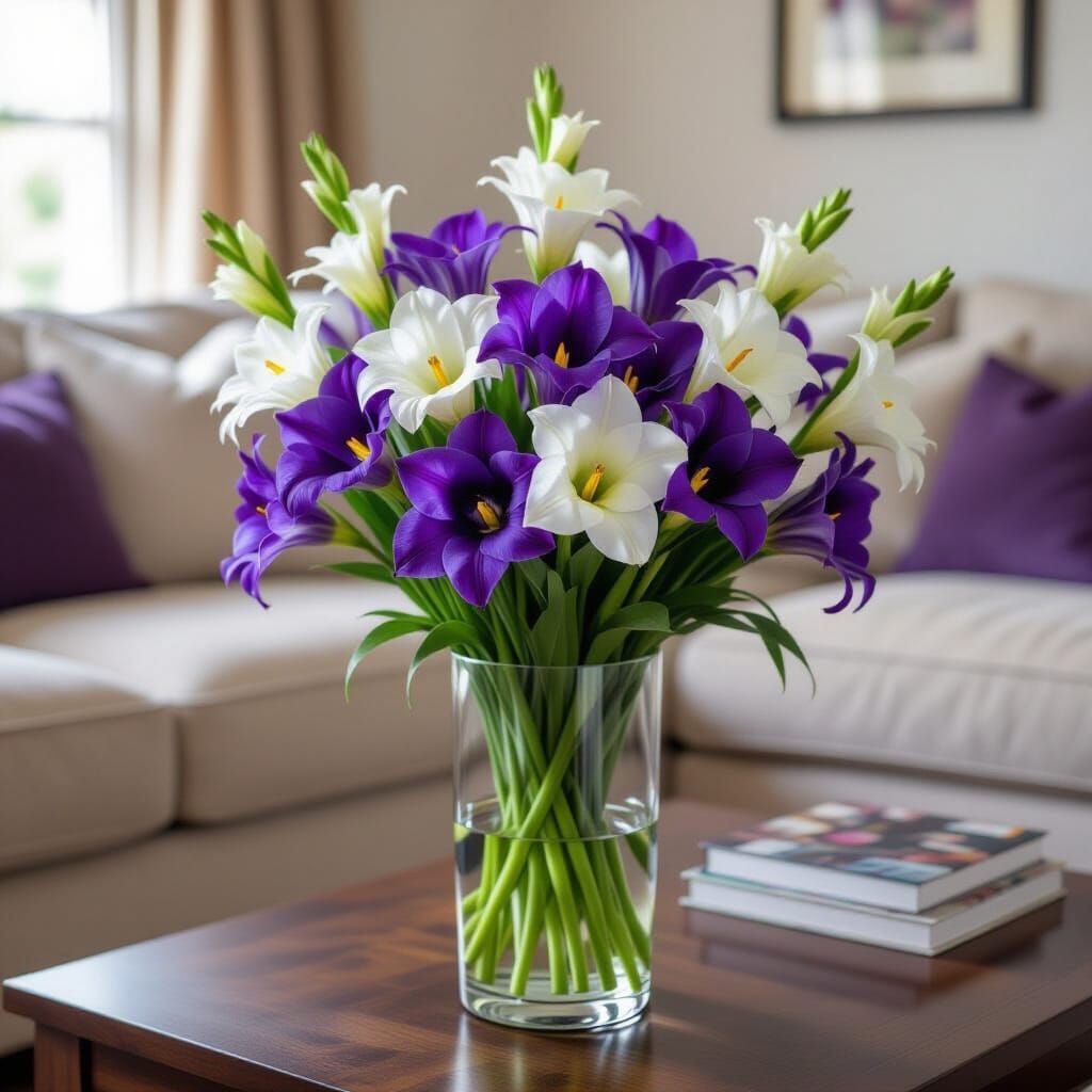Glass Vase of Purple and White Irises and Gladioli