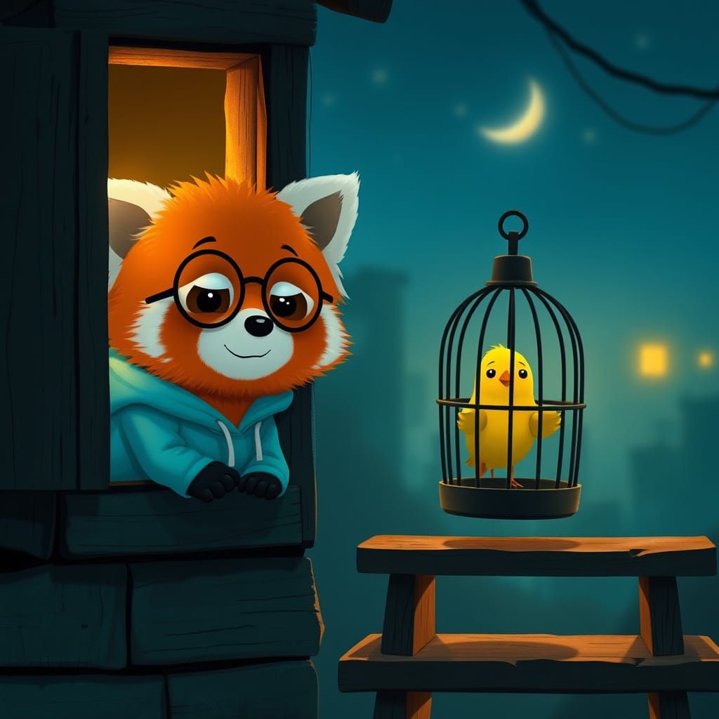 Whimsical Red Panda Spies on Moody Nighttime Scene