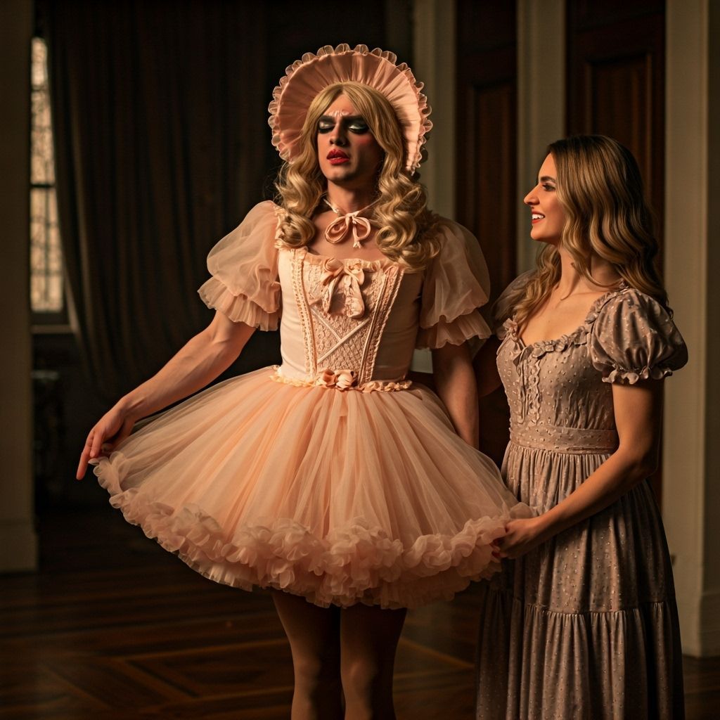 Teenager Crossdressing in Frilly Dress and Bonnet
