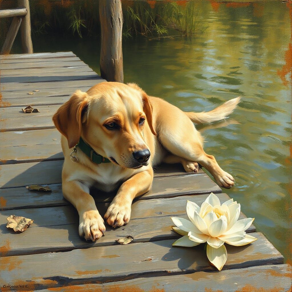 Serene Dog on Wooden Dock, Golden Oil Painting