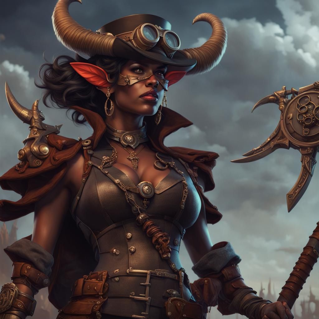 Steampunk Tiefling Barbarian with Axe, Detailed Fantasy Art