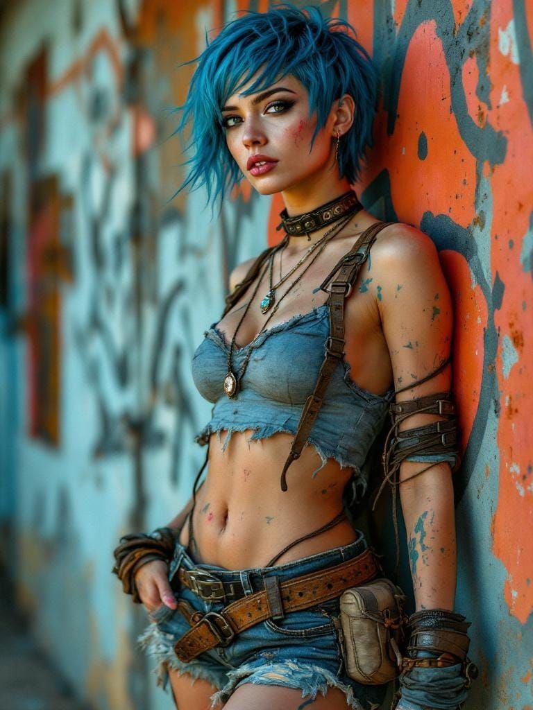 Defiant Blue-Haired Woman in Soviet Constructivism Style