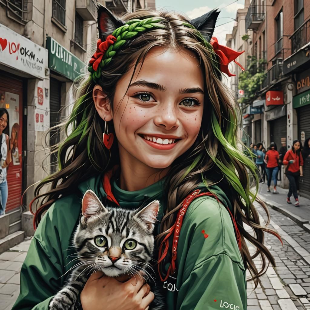 Girl with Kitten in Urban Setting, Hyperrealistic