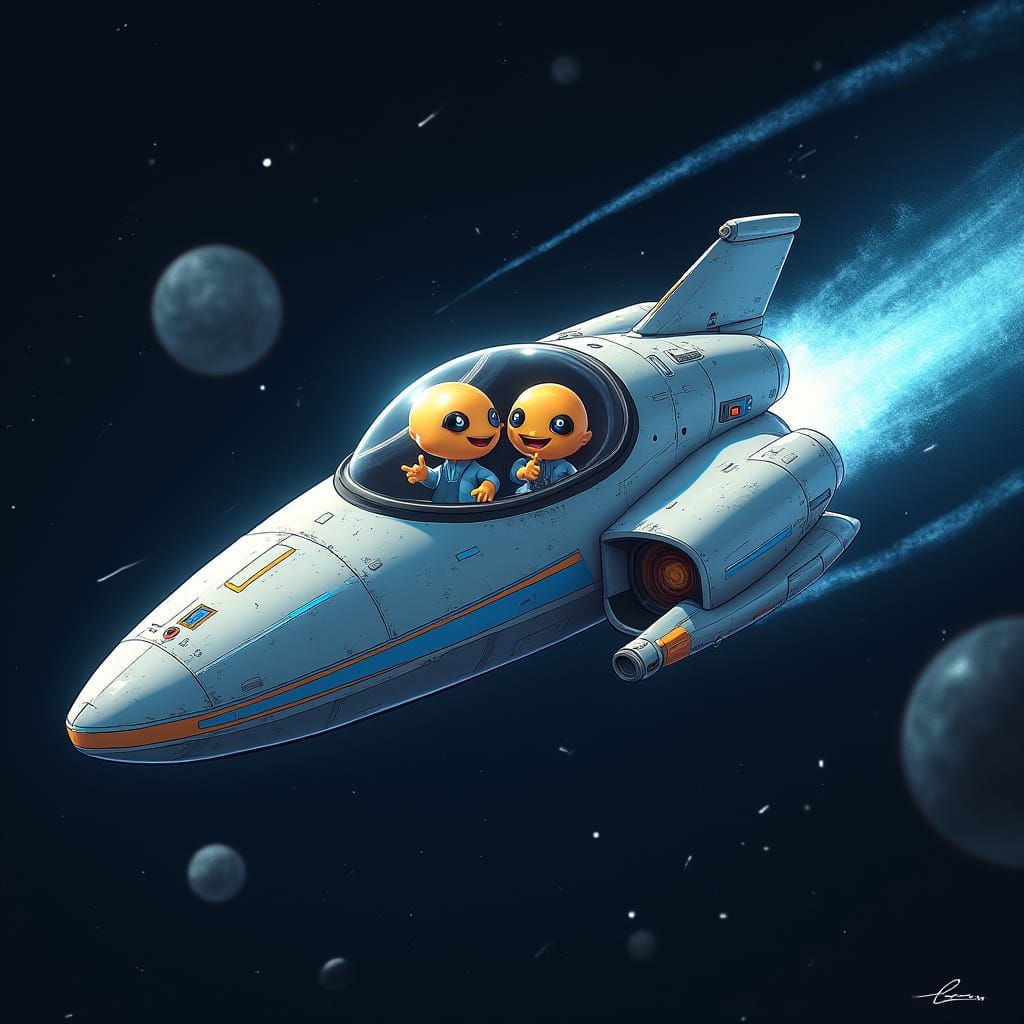 Sleek Silver Spaceship Soars Through Cosmic Skies