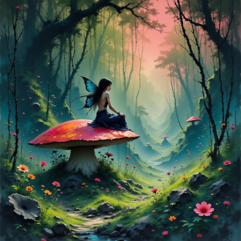 A delicate fairy sitting on a toadstool mushroom house, surr...