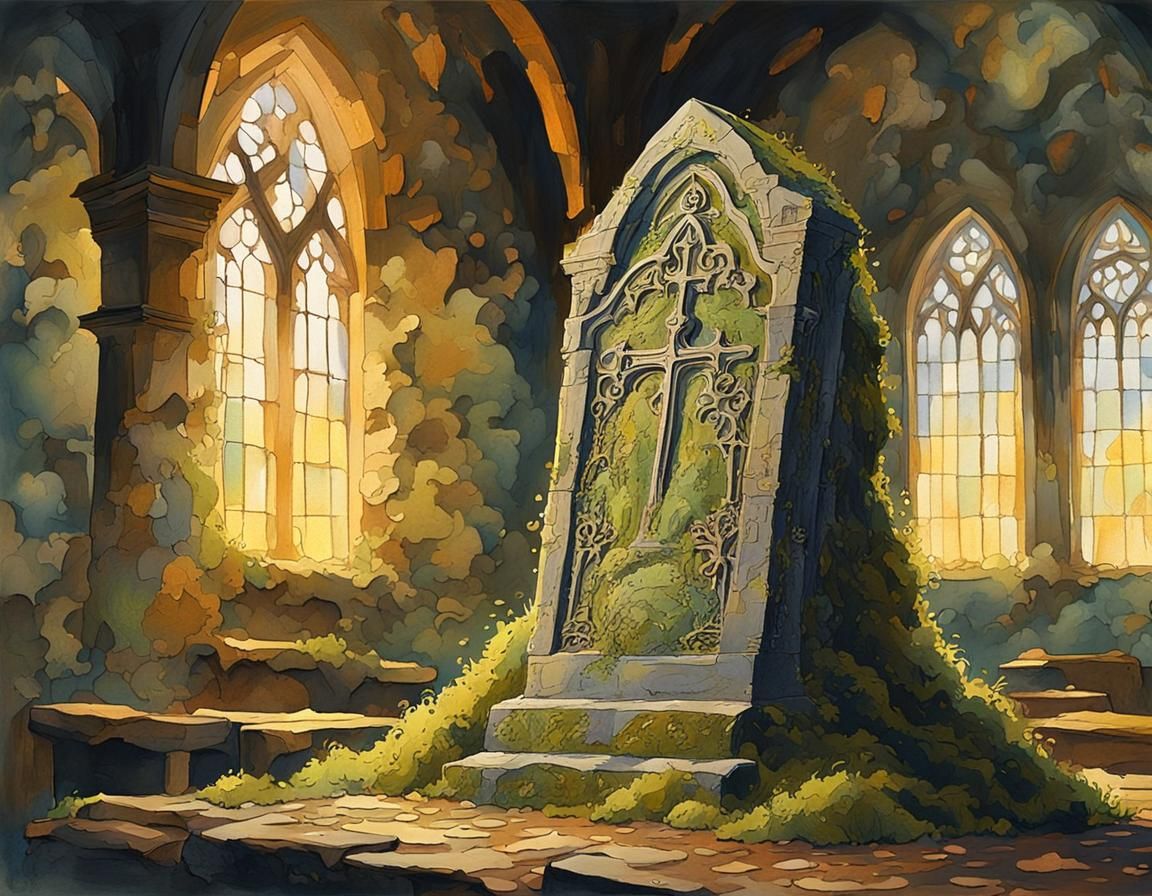 Medieval Knight Tombstone in Impressionist Gouache Watercolo...
