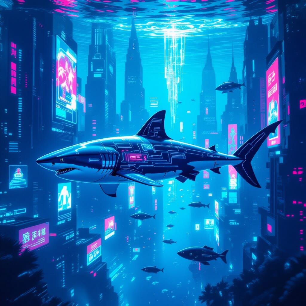Futuristic Cyberpunk Shark in Underwater Cityscape